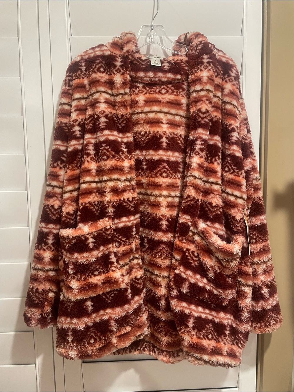 Plush Hooded Open-Front Cardigan Jacket - Burgundy & Peach